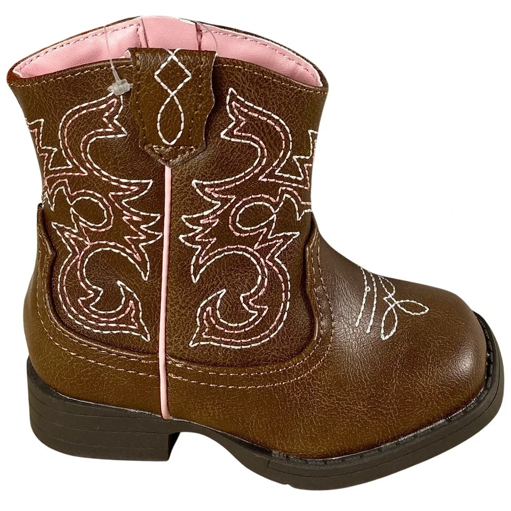 NWT Baby Girl Sz 5 Western Cowgirl Boots Pink Embroidered Stitching Faux Leather